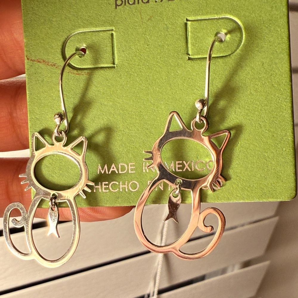 Silver Cat Outline Earrings - Picture 4 of 4